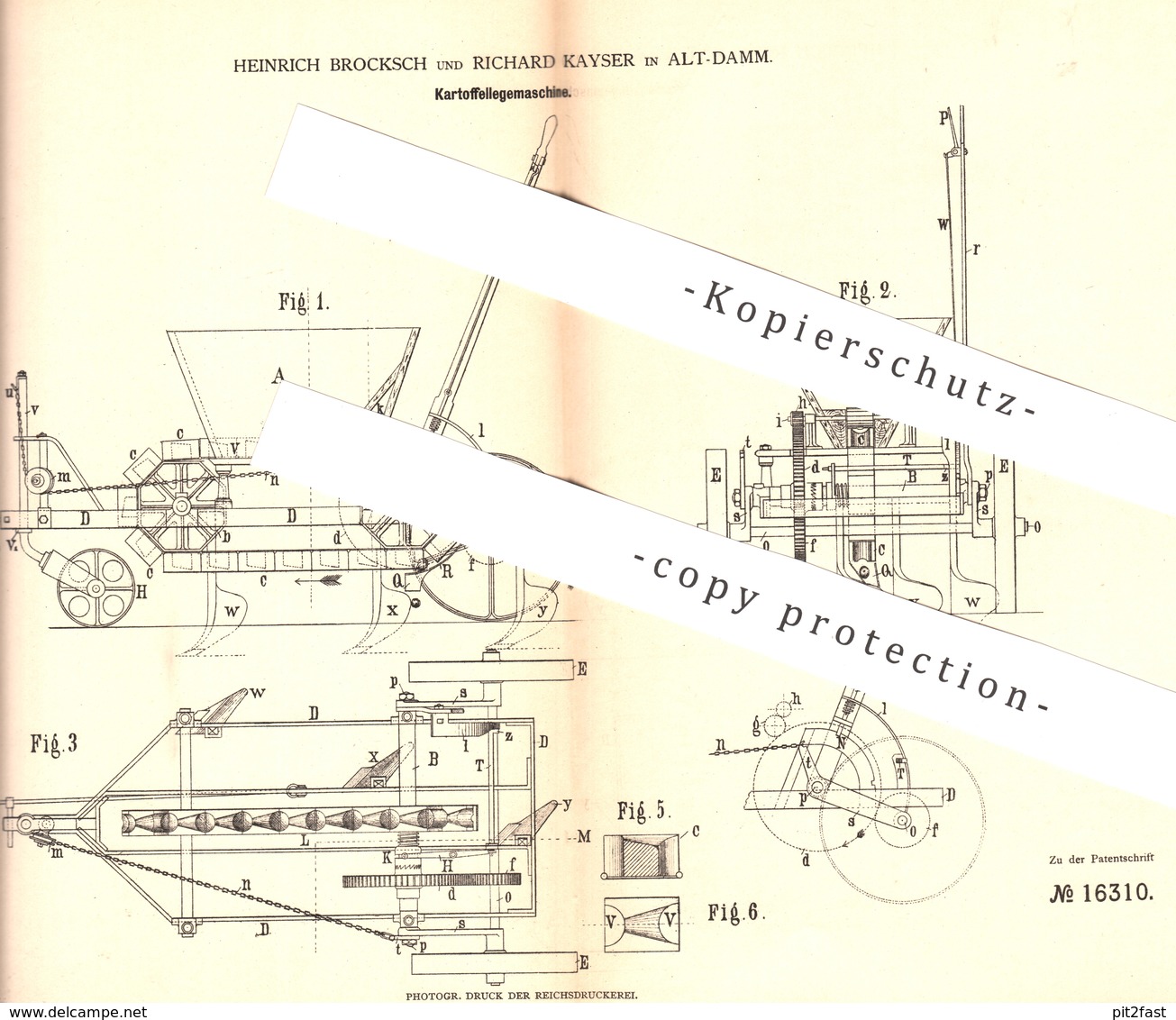 Original Patent - Heinrich Broksch , Richard Kayser , Alt Damm / Polen , 1881 , Kartoffellegemaschine | Kartoffeln !!! - Historische Dokumente