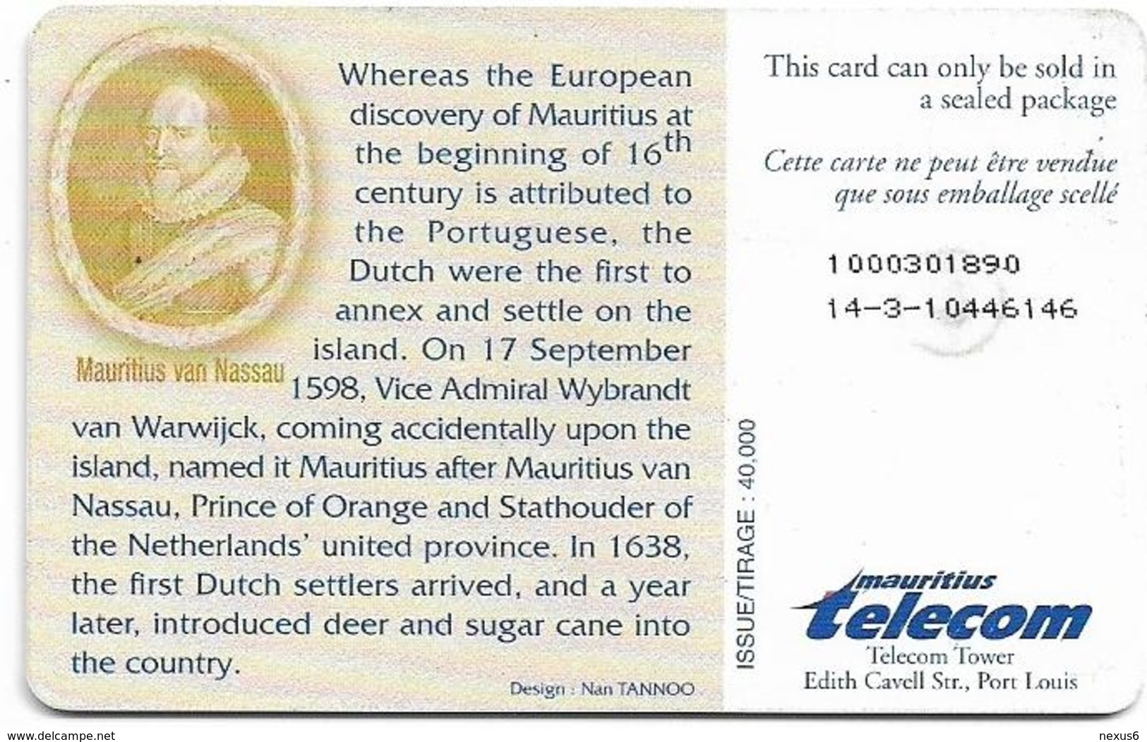 Mauritius - Mauritius Telecom - Dutch Landing In Mauritius - Gem5 Black, 1998, 500Units, 40.000ex, Used - Mauritius