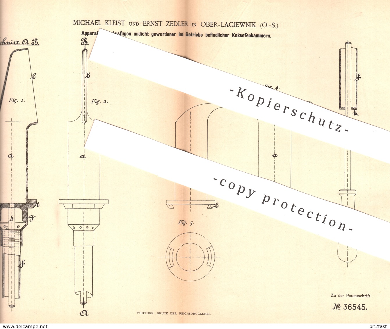 Original Patent - Michael Kleist , Ernst Zedler , Lagiewnik , Kattowitz , Polen , 1886 , Koksofenkammern Verfugen | Ofen - Historische Dokumente