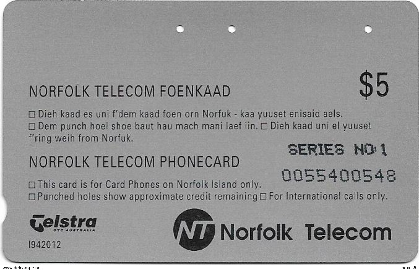 Norfolk Isl. - Telstra/Norfolk. Tel (Anritsu) - Kingston (Not SCC Issue), 1994, 5$, 14.000ex, Used - Norfolkinsel