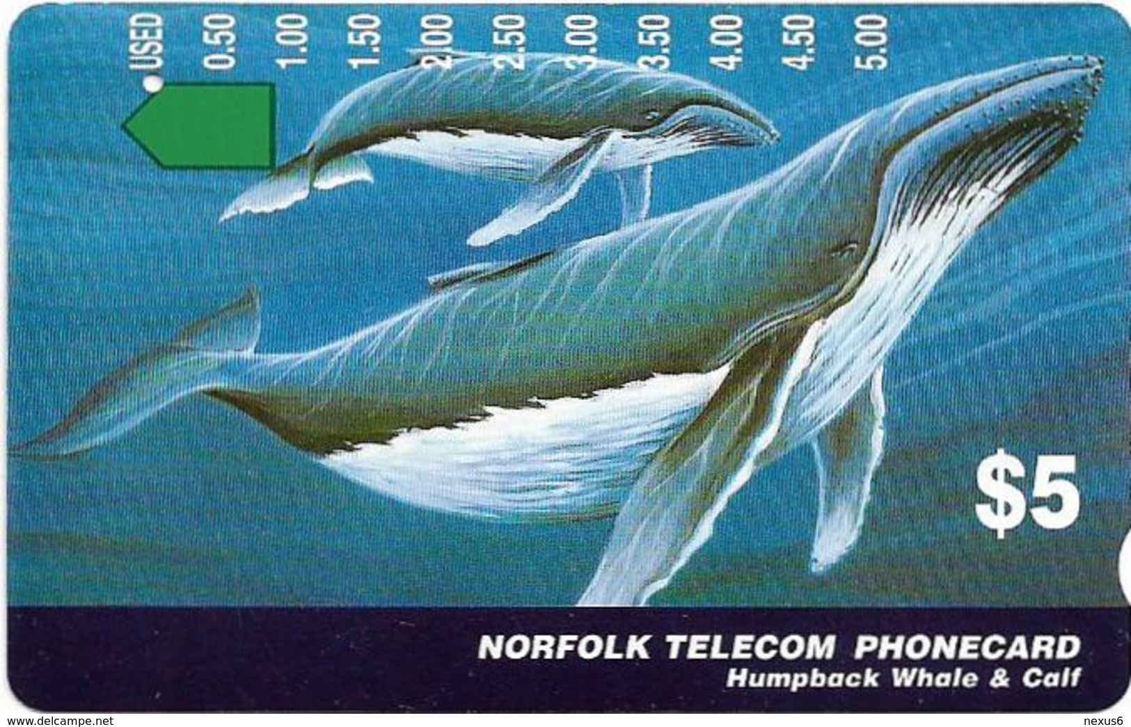 Norfolk Isl. - Telstra/Norfolk. Tel (Anritsu) - Humpback Whales (SCC Issue), 1995, 5$, 4.000ex, Used - Norfolkinsel