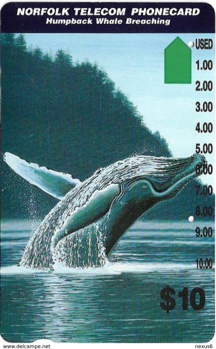 Norfolk Isl. - Telstra/Norfolk. Tel (Anritsu) - Humpback Whale Breaching (SCC Issue), 1995, 10$, 4.000ex, Used - Ile Norfolk