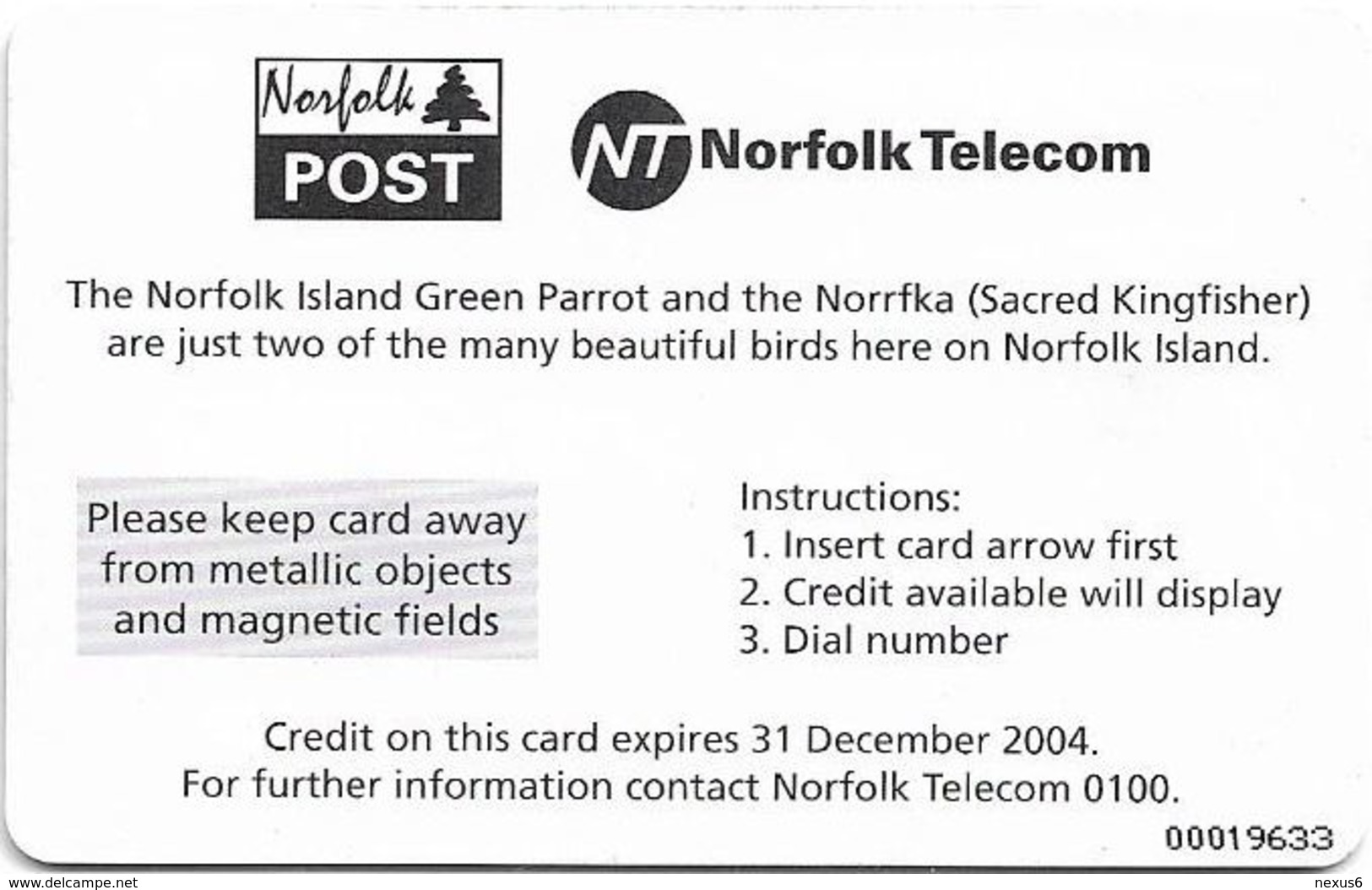 Norfolk Isl. - Telstra/Norfolk. Tel (Chip) - Norrfka Bird (Sacred Kingfischer), 2000, 10$, 2.000ex, Used - Ile Norfolk