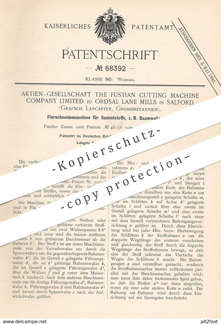 Original Patent - AG The Fustian Cutting Machine Comp. Ltd Ordsal Lane Mills , Salford Lancaster | Flor , Samt Schneiden - Historische Dokumente