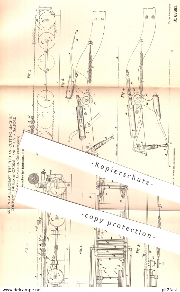 Original Patent - AG The Fustian Cutting Machine Comp. Ltd Ordsal Lane Mills , Salford Lancaster | Flor , Samt Schneiden - Historische Dokumente