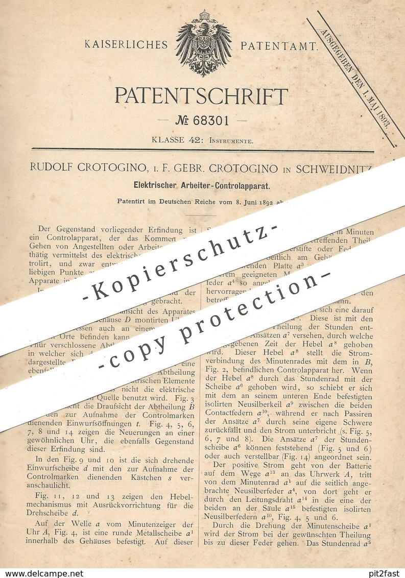 Original Patent - Rudolf Crotogino , Schweidnitz , 1892 , Elektrischer Arbeiter - Kontrollapparat | Stechuhr , Uhr !!! - Historische Dokumente