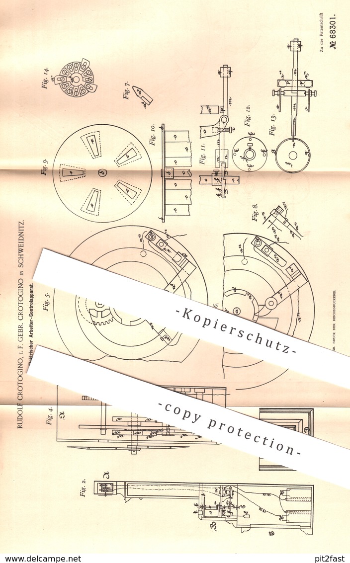 Original Patent - Rudolf Crotogino , Schweidnitz , 1892 , Elektrischer Arbeiter - Kontrollapparat | Stechuhr , Uhr !!! - Historische Dokumente