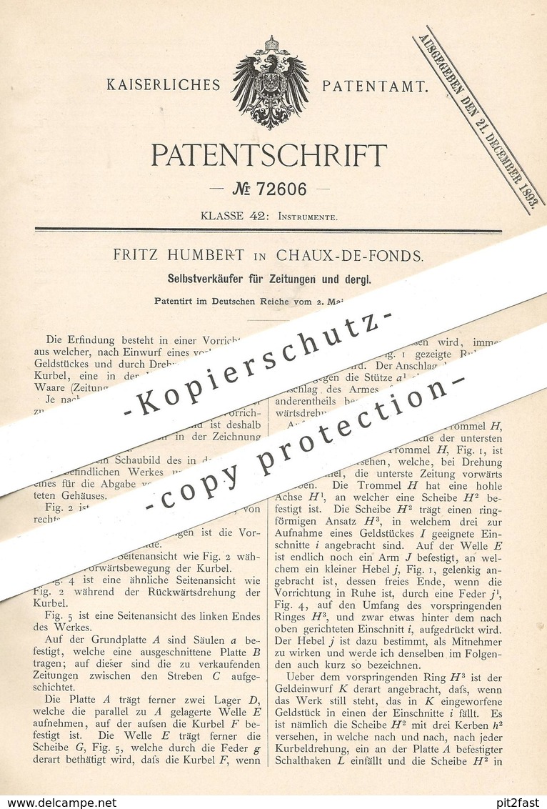 Original Patent - Fritz Humbert , Chaux De Fonds , Schweiz 1893 , Selbstverkäufer F. Zeitungen | Automat Mit Münzeinwurf - Historische Dokumente