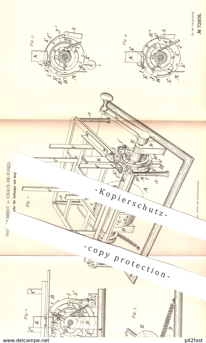 Original Patent - Fritz Humbert , Chaux De Fonds , Schweiz 1893 , Selbstverkäufer F. Zeitungen | Automat Mit Münzeinwurf - Historische Documenten