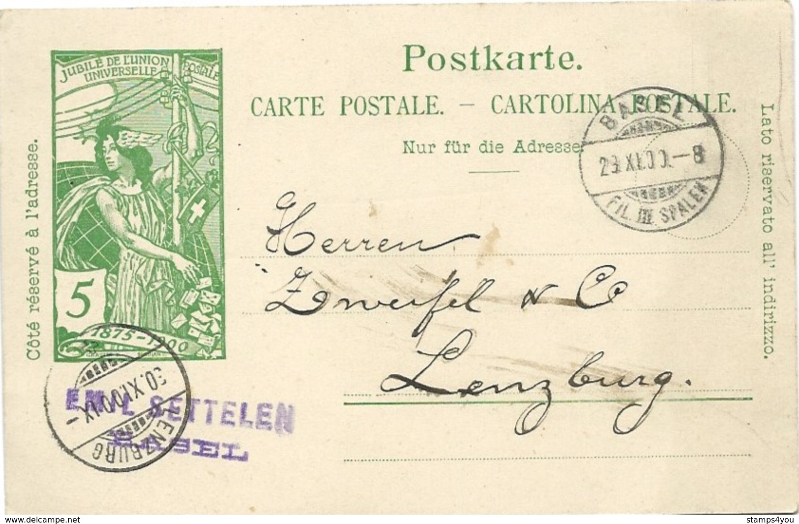 214 - 29 -  Entier Postal UPU Avec Cachets à Date Basel Et Lenzburg 1900 - Entiers Postaux