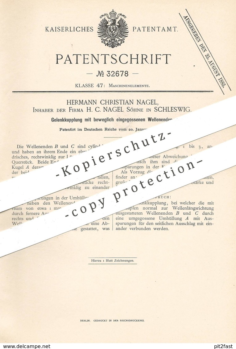 Original Patent - Hermann Christian Nagel , Schleswig | 1885 | Gelenkkupplung | Kupplung , Maschinen , Eisenbahn !!! - Historische Dokumente