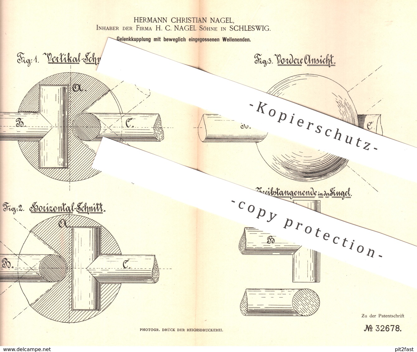 Original Patent - Hermann Christian Nagel , Schleswig | 1885 | Gelenkkupplung | Kupplung , Maschinen , Eisenbahn !!! - Historische Dokumente