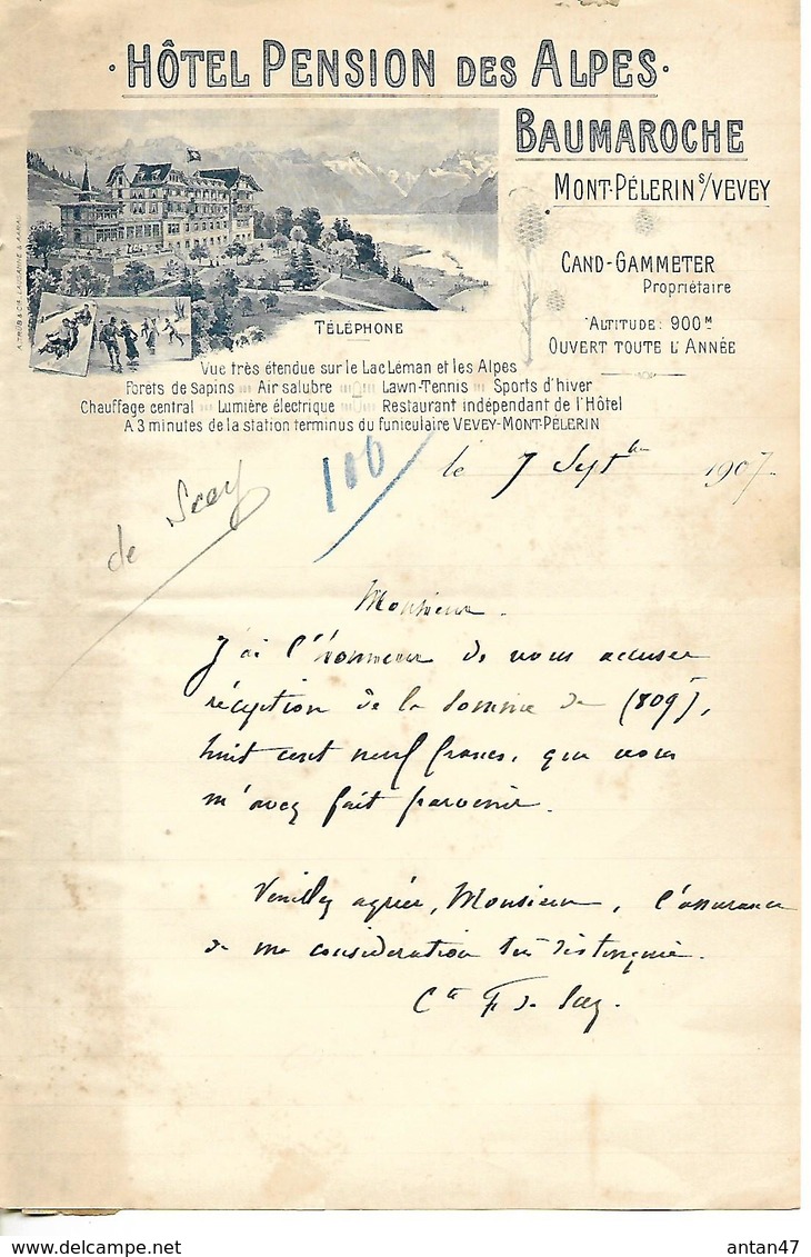 Lettre 1/2 Format 1907 / SUISSE MONT PELERIN SOUS VEVAY  / Hôtel BAUMAROCHE  / Lac LEMAN / Comtesse DE Scey - Switzerland