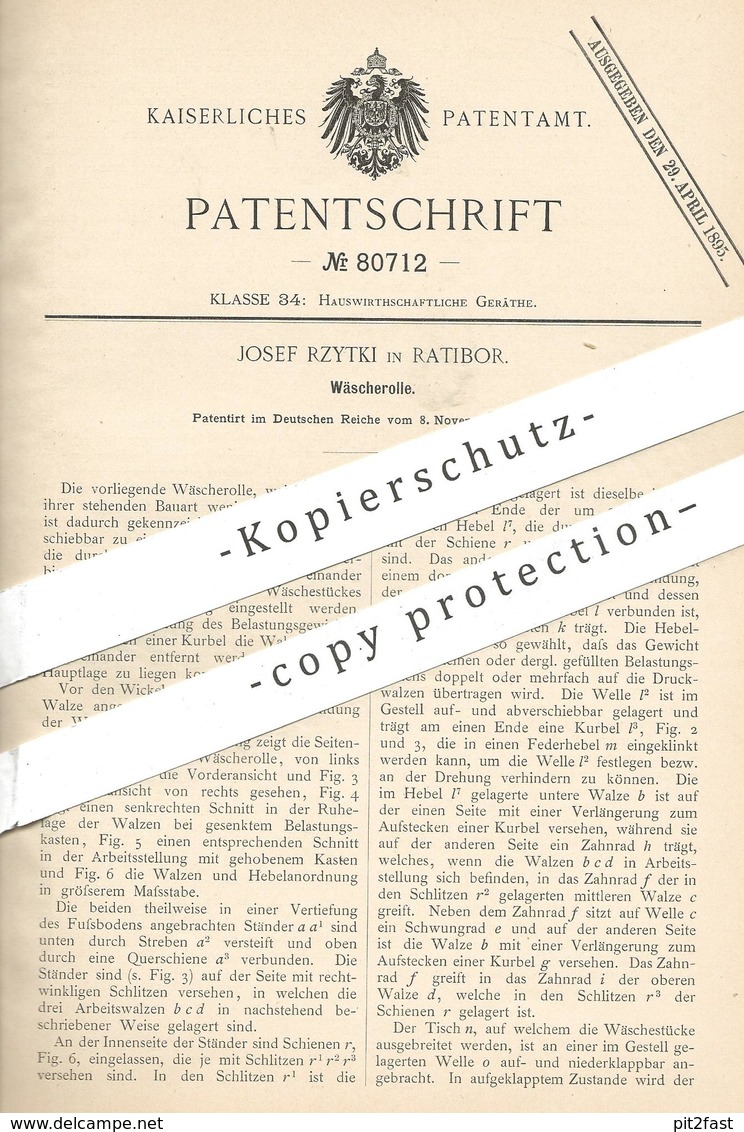 Original Patent - Josef Rzytki , Ratibor / Polen , 1893 , Wäscherolle | Wäsche , Wäschemangel , Mangel | Wäscherei !! - Historische Dokumente