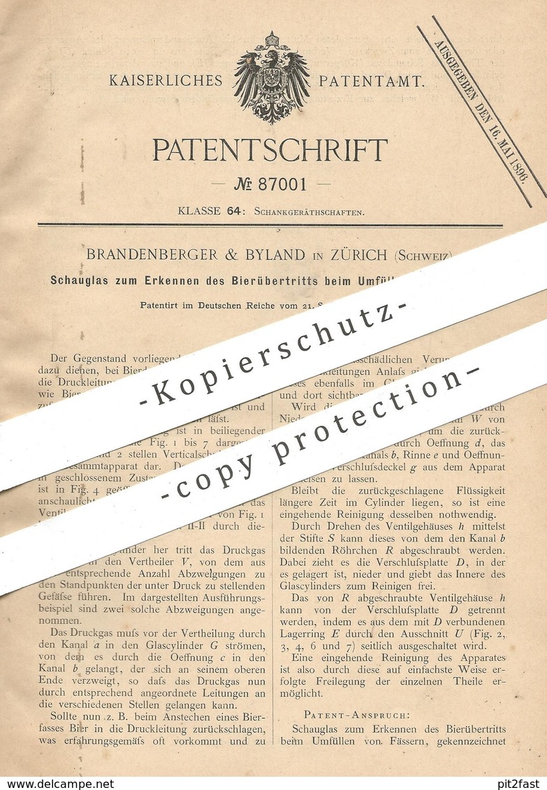 Original Patent - Brandenberger & Byland , Zürich , Schweiz , 1895 , Schauglas Zum Befüllen Von Bierfass | Bier - Fass ! - Historische Dokumente