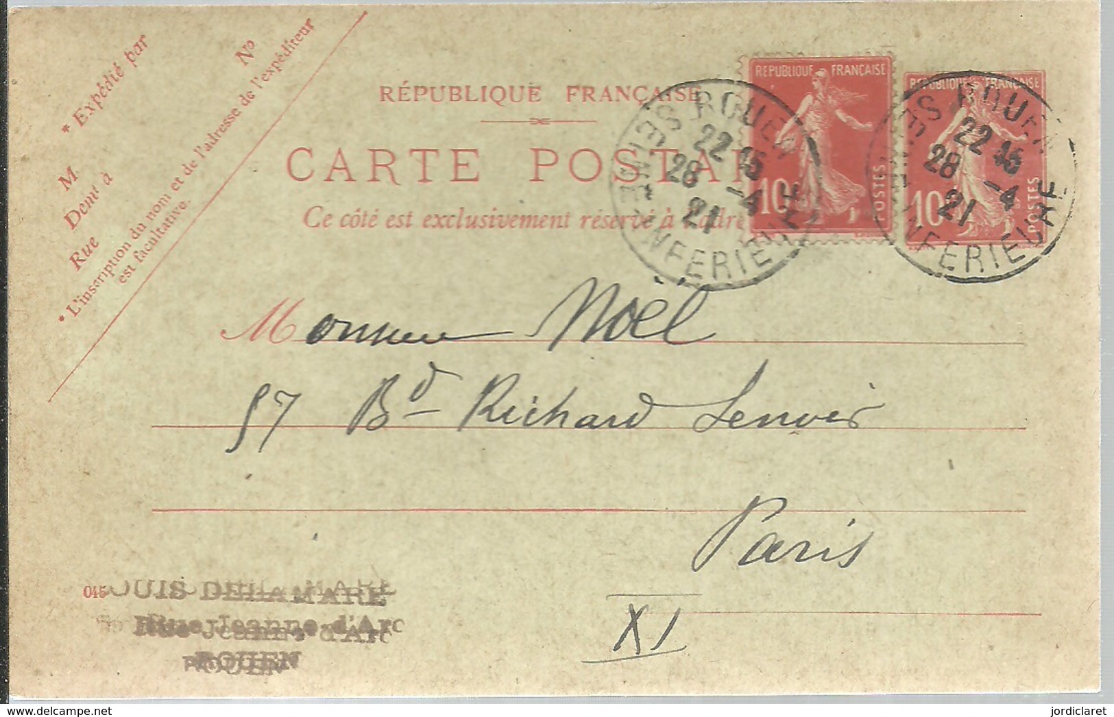 CARTE  POSTALE  ROUEN   1921 - Enteros Administrativos