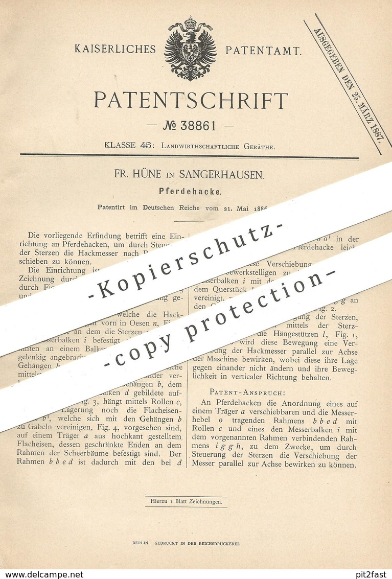 Original Patent - Fr. Hüne , Sangerhausen , 1886 , Pferdehacke | Hacke , Egge , Pflug | Landwirt , Ernte , Pferde !!! - Historische Dokumente