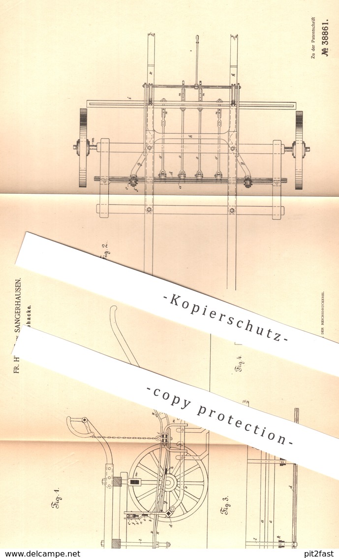 Original Patent - Fr. Hüne , Sangerhausen , 1886 , Pferdehacke | Hacke , Egge , Pflug | Landwirt , Ernte , Pferde !!! - Historische Dokumente