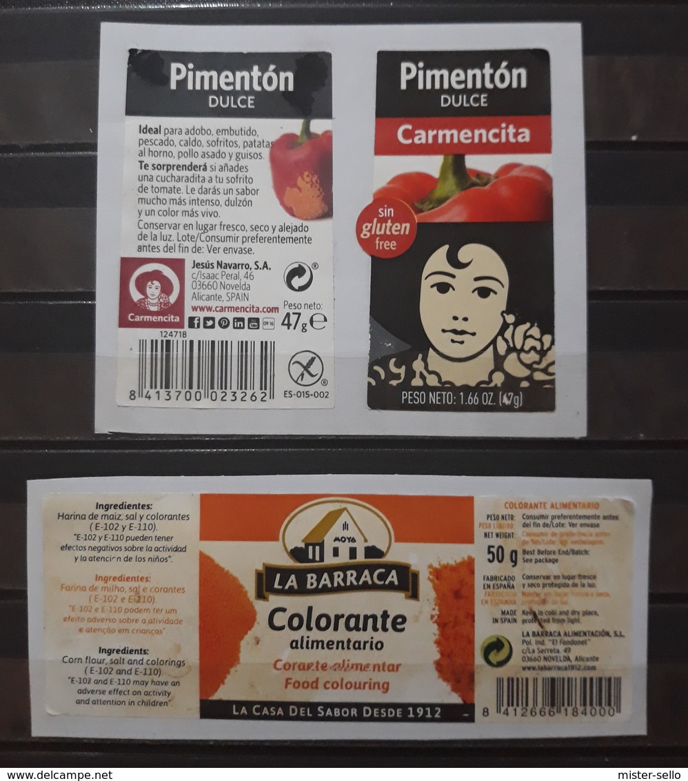 ESPAÑA 3 ETIQUETAS CARMENCITA PIMENTÓN DULCE - LA BARRACA COLORANTE ALIMENTARIO. - Otros & Sin Clasificación