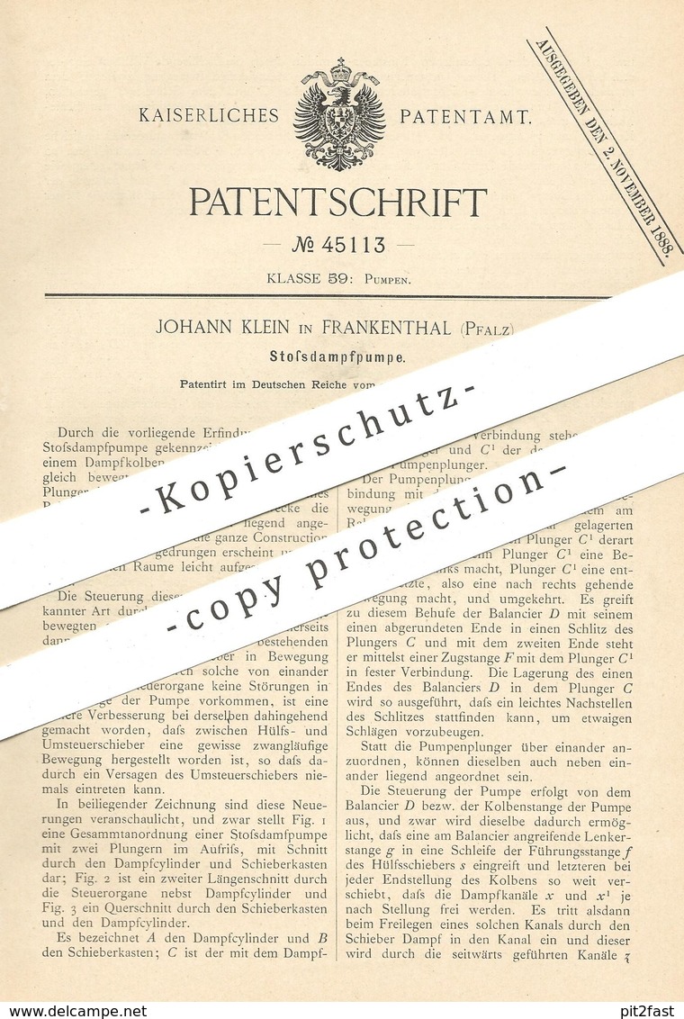 Original Patent - Johann Klein , Frankenthal , 1888 , Stoßdampfpumpe | Dampfpumpe | Pumpe , Pumpen | Kolben , Motor - Historische Dokumente