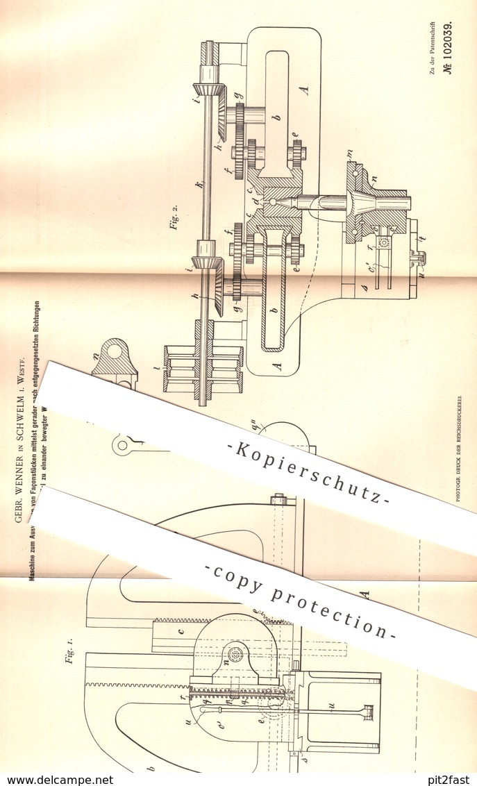 Original Patent - Gebr. Wenner , Schwelm , Westfalen , 1898 , Auswalzen Von Façonstücken | Façon - Metall | Walze !!! - Historische Dokumente