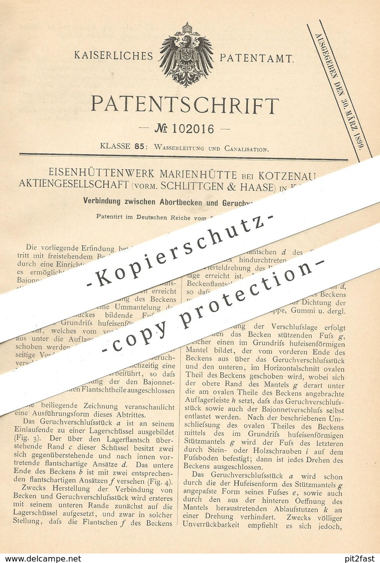 Original Patent - Eisenhüttenwerk Marienhütte , Kotzenau | Vorm. AG Schlittgen & Haase | Toilette , Abort , WC , Kloset - Historische Dokumente