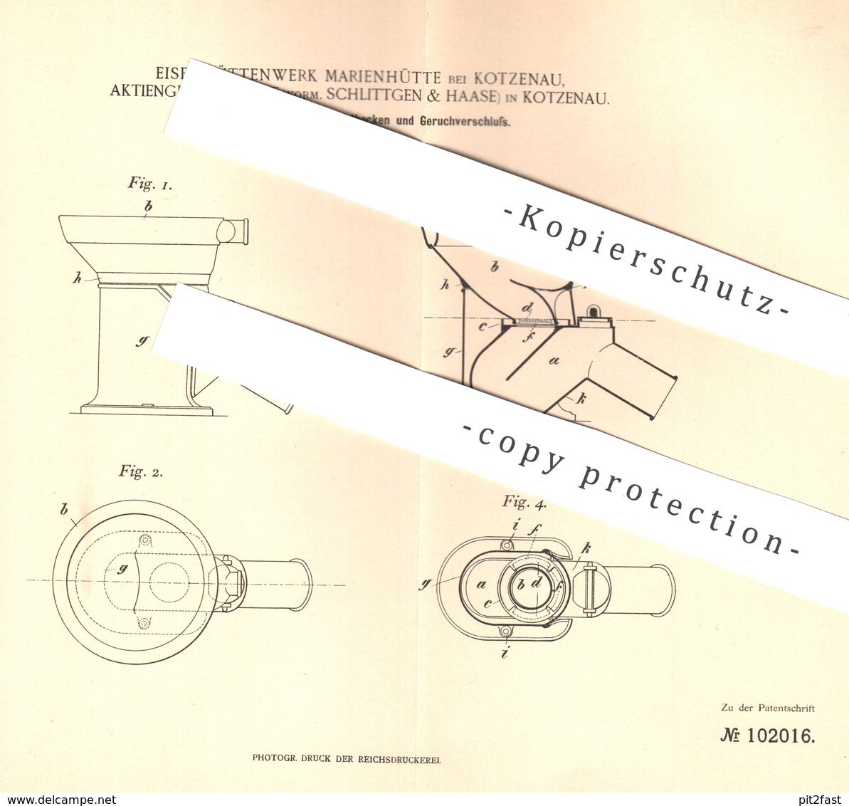 Original Patent - Eisenhüttenwerk Marienhütte , Kotzenau | Vorm. AG Schlittgen & Haase | Toilette , Abort , WC , Kloset - Historische Dokumente