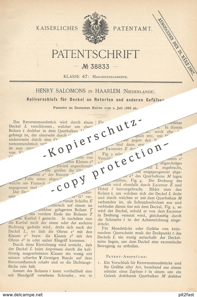 Original Patent - Henry Salomons , Haarlem , Niederlande , 1886 , Keilverschluss Für Deckel An Retorten | Verschluss ! - Historische Dokumente