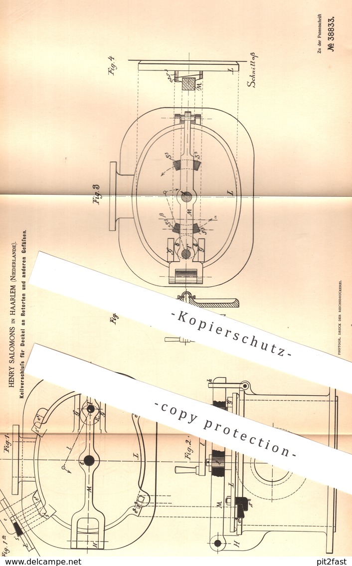 Original Patent - Henry Salomons , Haarlem , Niederlande , 1886 , Keilverschluss Für Deckel An Retorten | Verschluss ! - Historische Dokumente