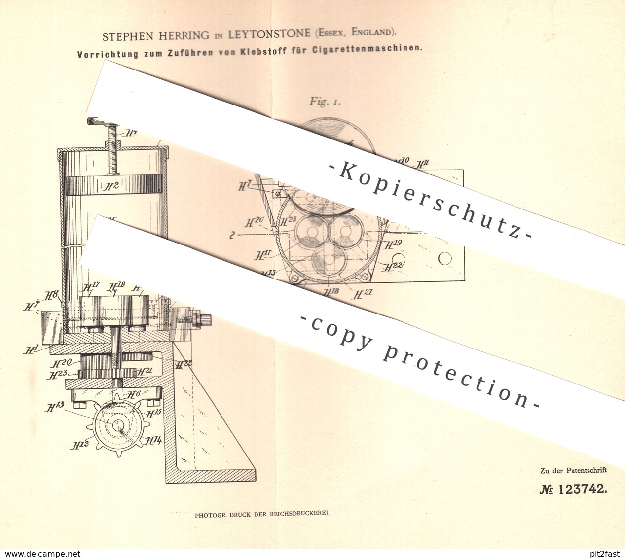 Original Patent - Stephen Herring , Leytonstone , Essex , England 1900 , Zuführen Von Klebstoff An Zigaretten - Maschine - Historische Dokumente