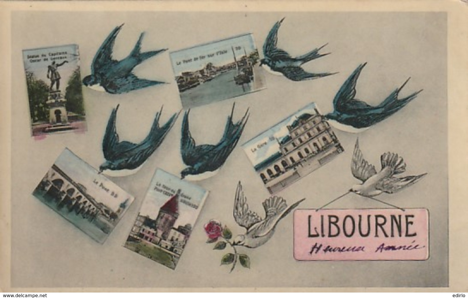 ***  Souvenir De LIBOURNE Hirondelles Multi-vues - Timbrée TTB - Libourne