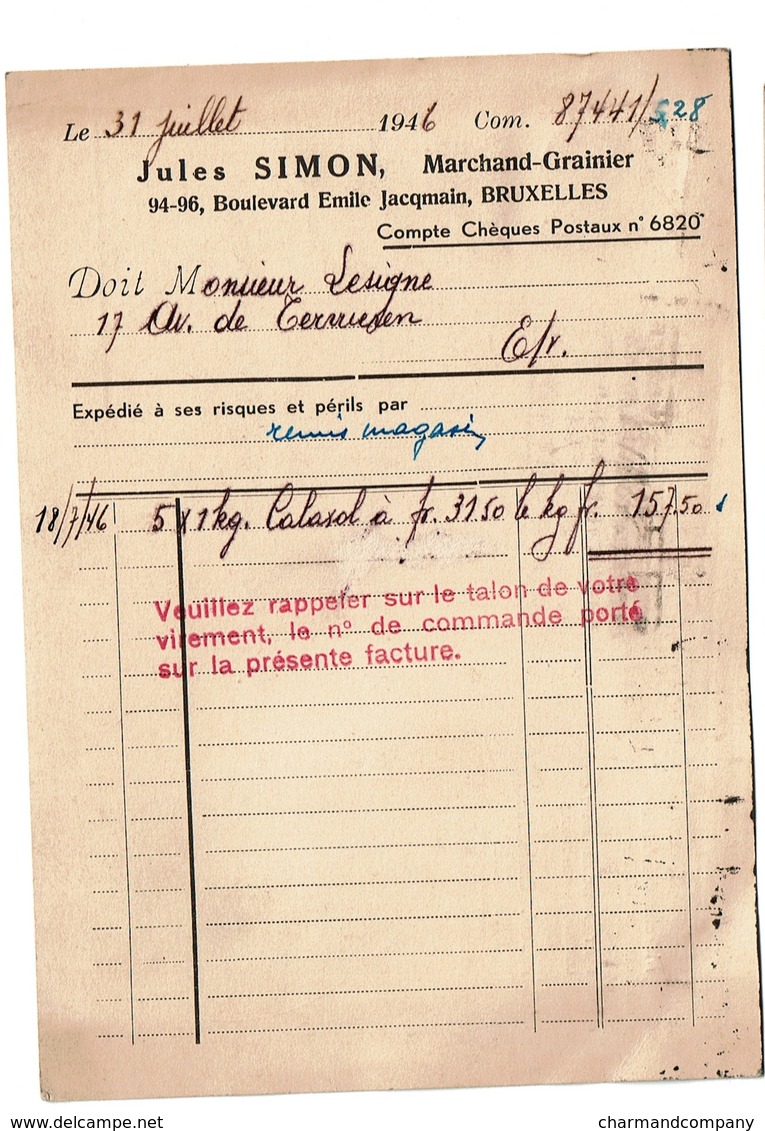 Carte Facture - 1946 - Jules SIMON - Marchand-Grainier 94-96 Boulevard Emile Jacqmain Bruxelles - 2 Scans - 1900 – 1949