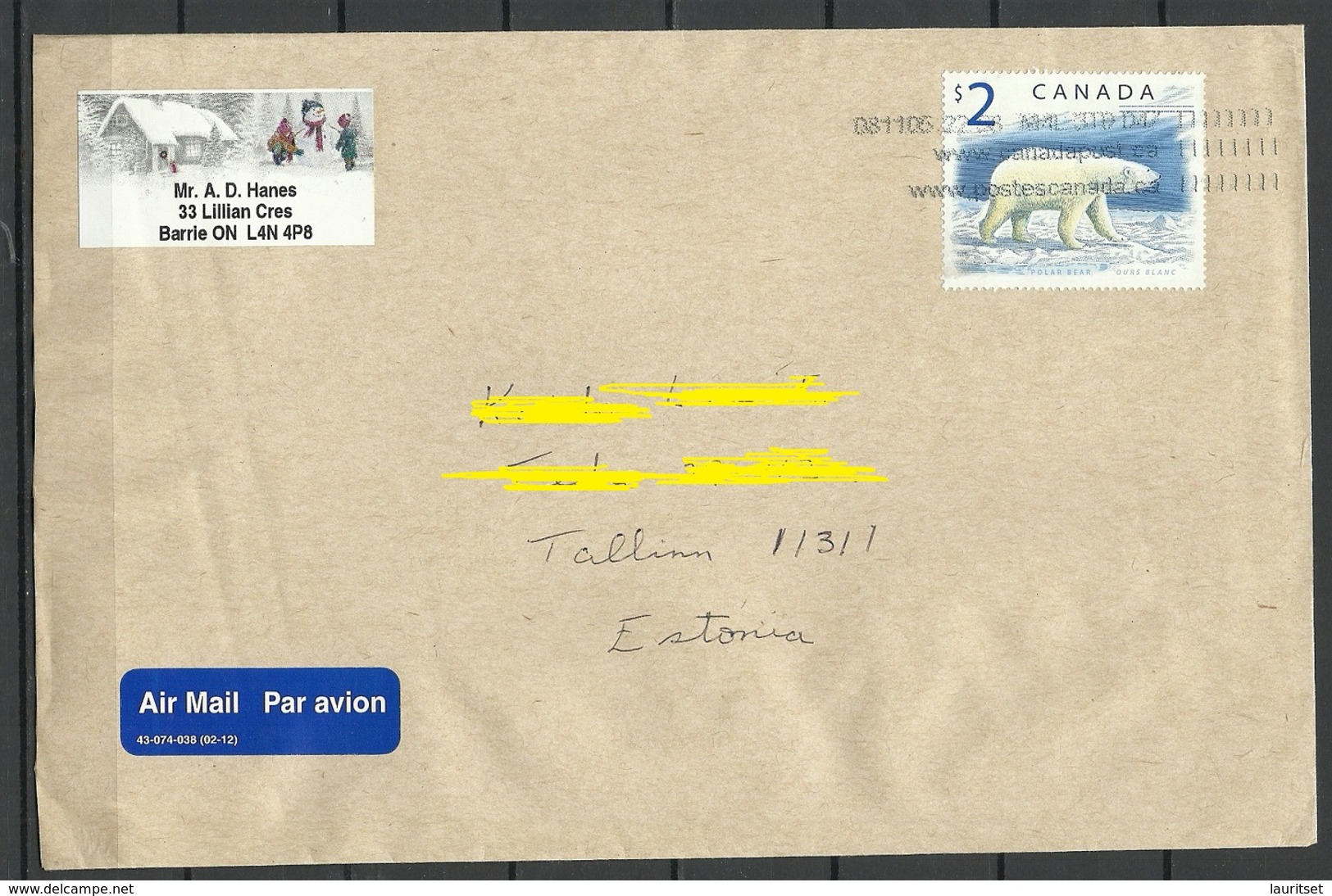 CANADA Kanada 2008 Air Mail Cover To Estonia Michel 1726 Polar Bear (1998) As Single Franking - Covers & Documents