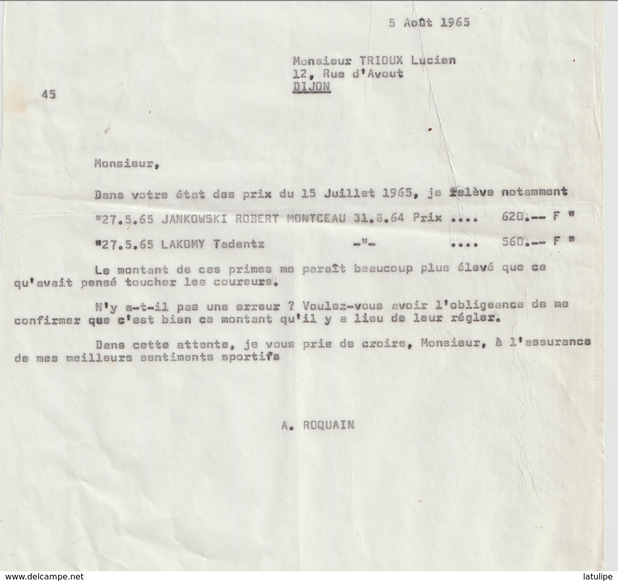 Lettre De Mr  Roquain  Adressé A Mr  TRIOUX  Lucien 12 Rue D'Avout A DIJON -Voir Details Sur Scan - Sport & Tourismus