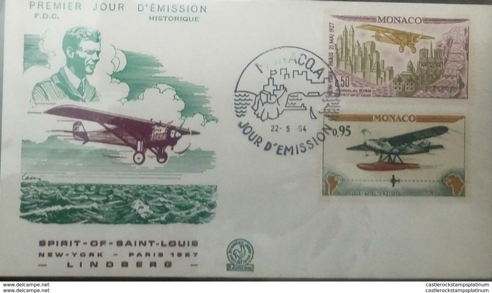 RO) 1964 MONACO, SPIRIT OF ST LOUIS FIRST CROSSING OF ATLANTIC NEW YORK PARIS CHARLES LINDBERGH 1927 50c - LATE 28 HYDRO - FDC