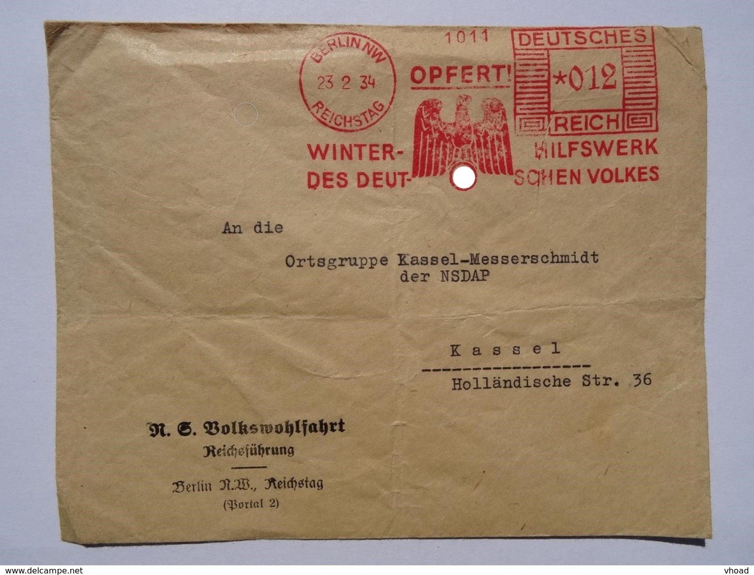 1934 DR Dienstbrief Berlin Reichstag N.S. Volkswohlfahrt Reichsführung An Kassel-Messerschmidt Freistempel Opfert! WHW - Briefe U. Dokumente