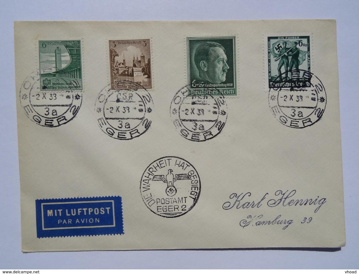 1943 DR Brief Cheb / Eger, Luftpost / Par Avion, Propaganda-Sonderstempel Die Wahrheit Hat Gesiegt - Other & Unclassified