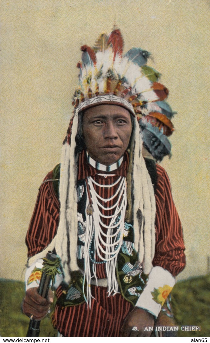 Native American Indian Unidentified Chief, Headress, C1910s Vintage Postcard - Native Americans