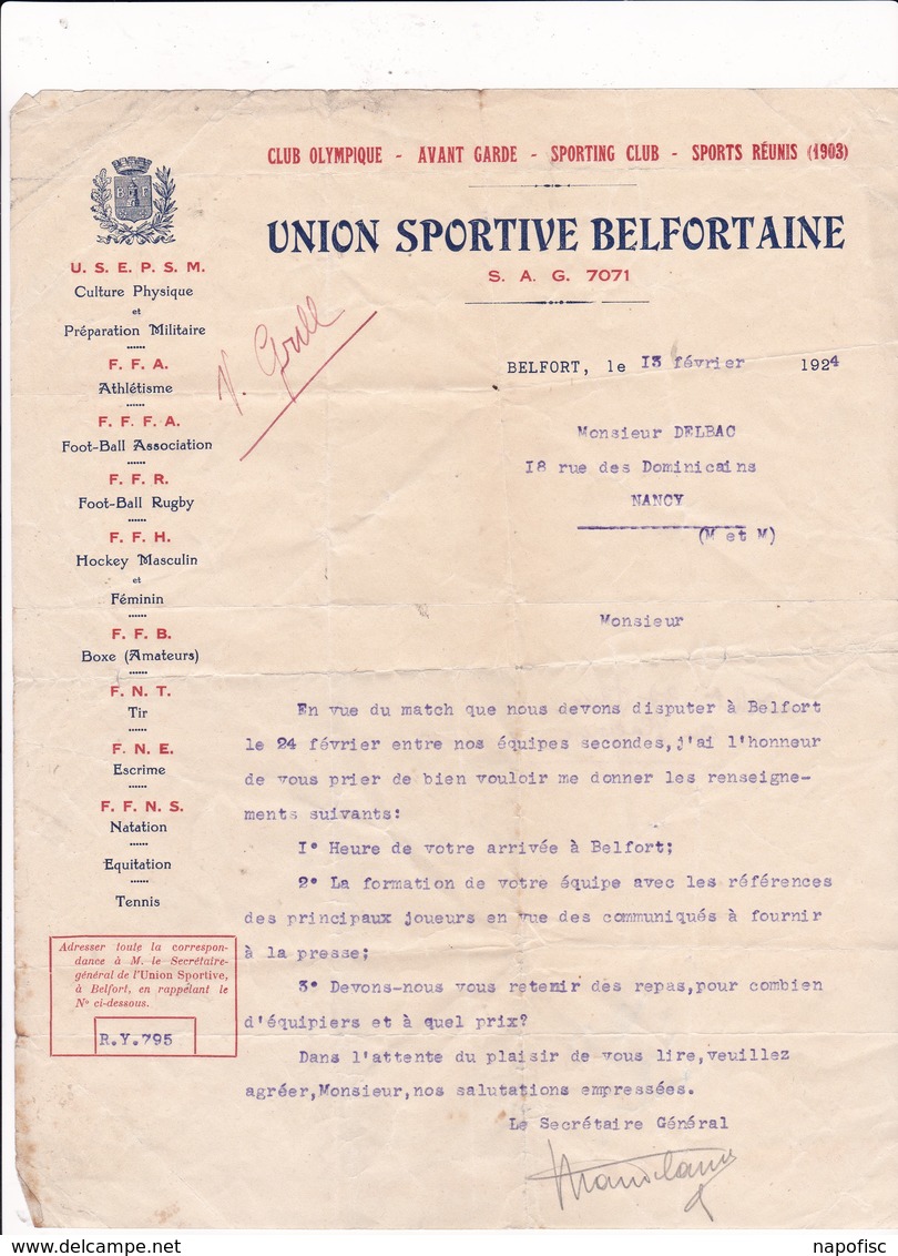 90-Union Sportive Belfortaine....Belfort .(Territoire De Belfort)  ..1924 - Sports & Tourism