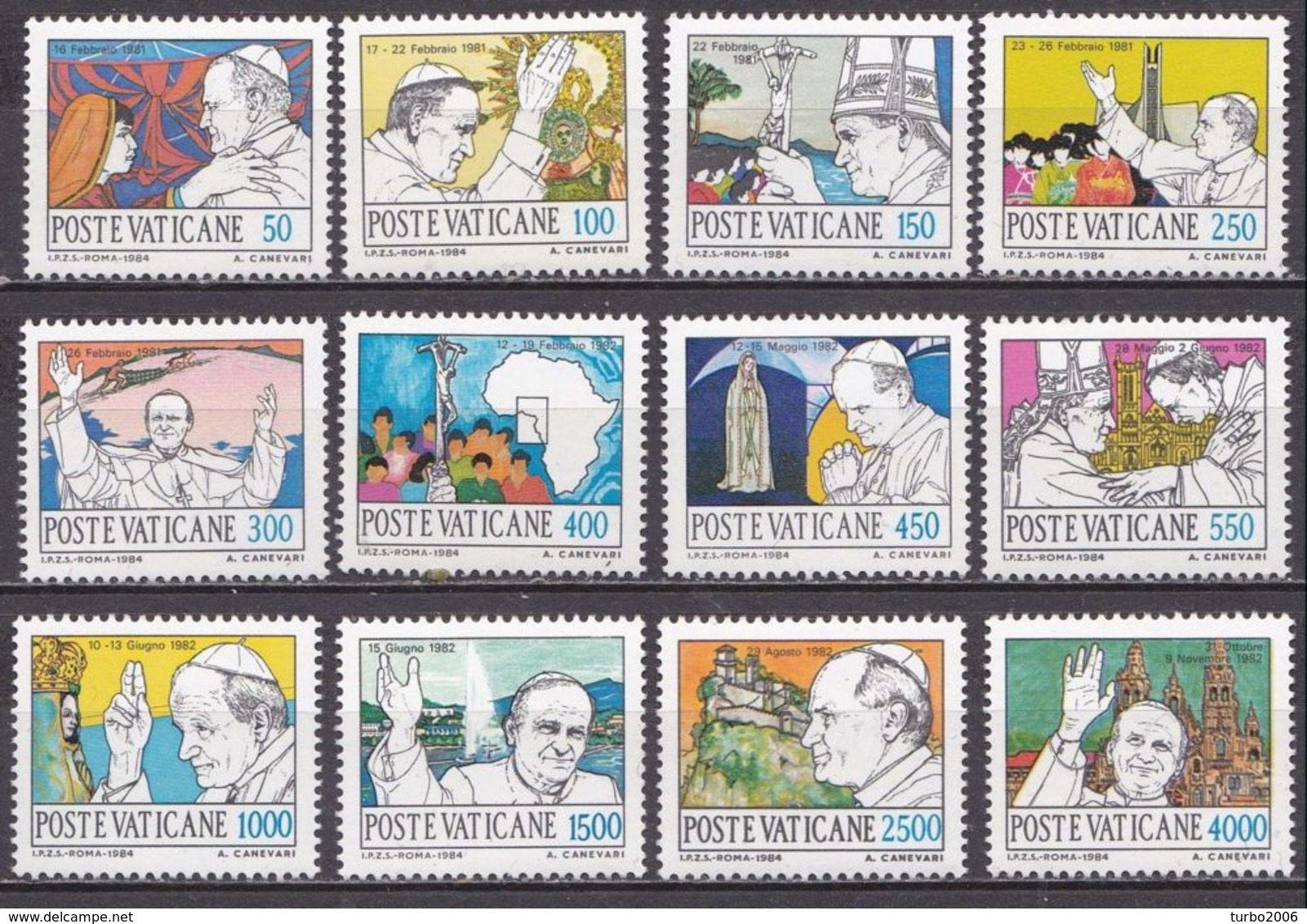 VATICAN CITY 1984 Pope Johan Paul II Travelling Around The World Complete MNH Set Mi. 852 / 863 - Ongebruikt