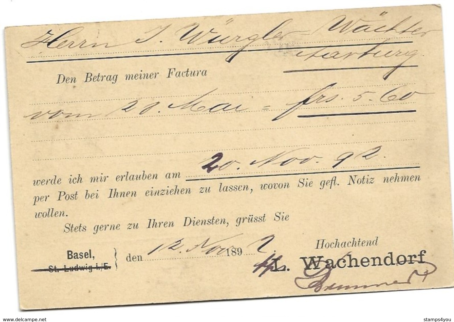 214 - 38 - Entier Postal Privé "L. Wachendorf" Basel 1892 - Entiers Postaux