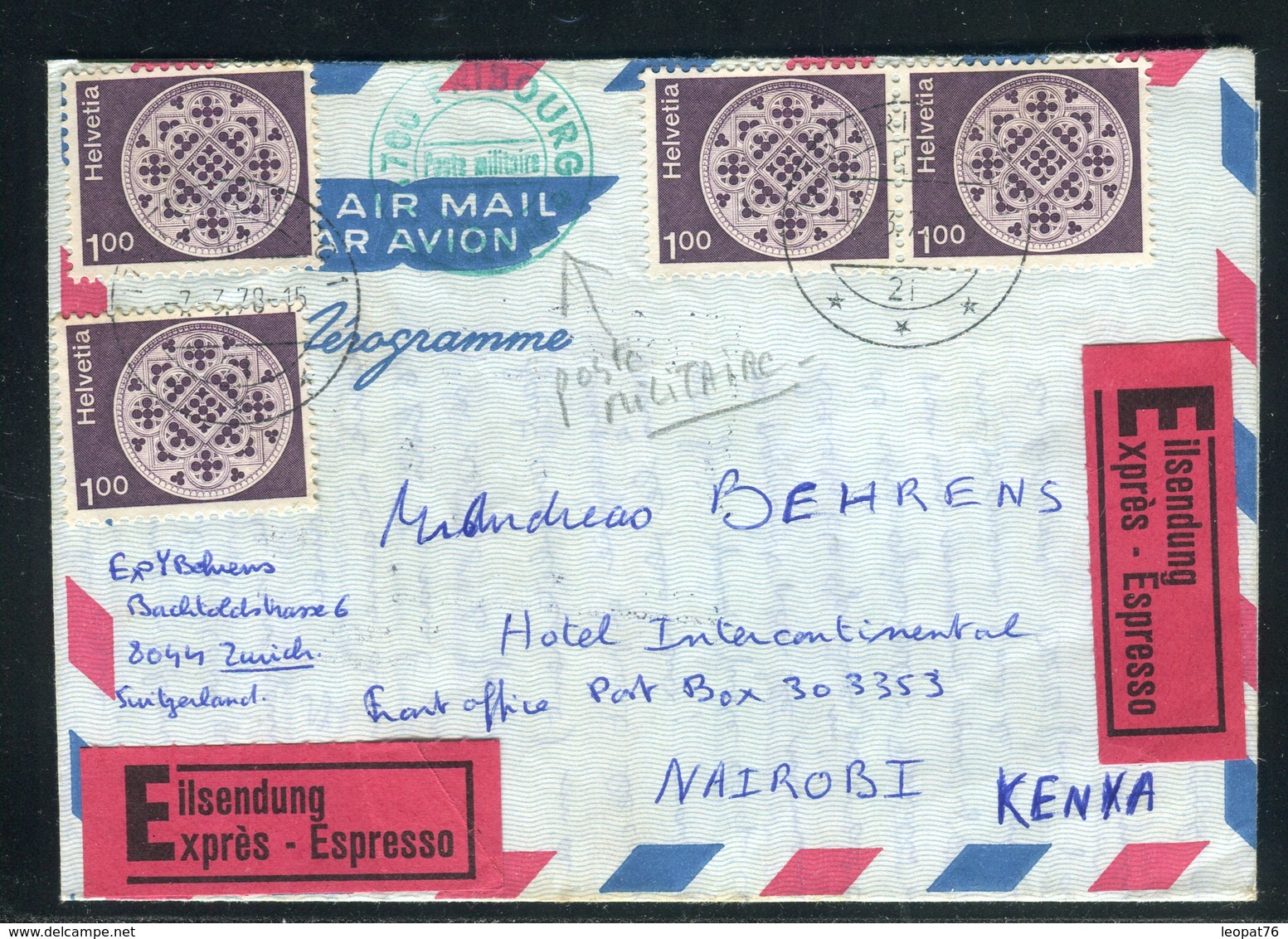 Suisse - Aérogramme En Exprès De Zurich Pour Le Kenya En 1978, Cachet Poste Militaire De Fribourg - Réf AT 211 - Marcophilie