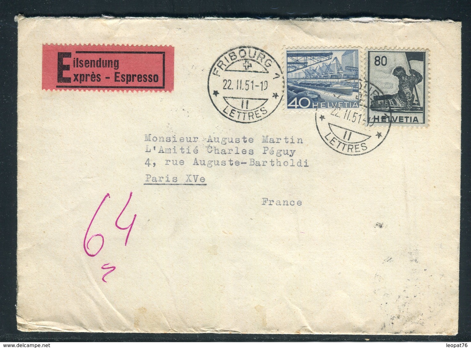 Suisse - Enveloppe En Exprès De Fribourg Pour La France En 1951 - Réf AT 213 - Marcophilie