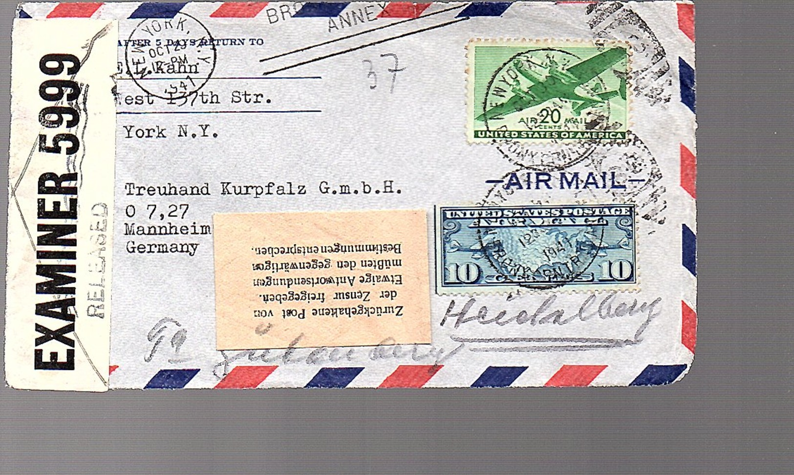 ‘Zurückgehalten Post Von Censur Freigegeben…’ New York To Heiidelberg’ FRONT ONLY  (958) - Covers & Documents