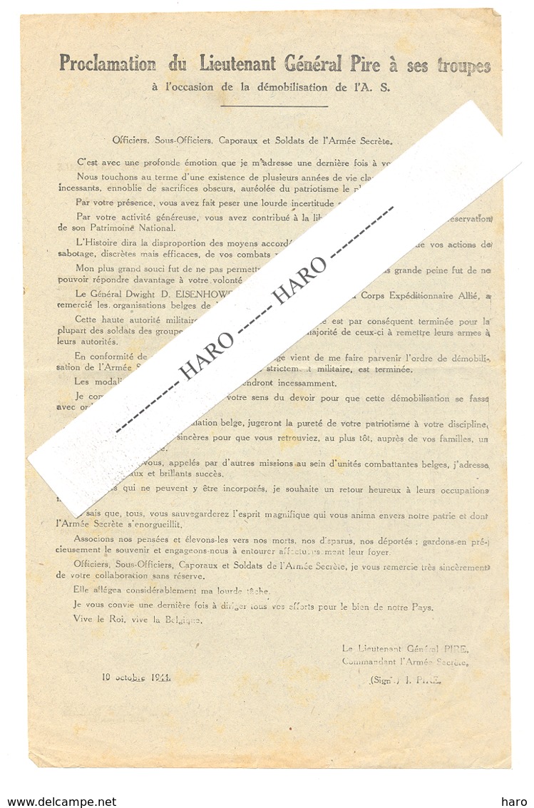 Proclamation Du Général PIRE à Ses Troupes , Démobilisation De L'AS En 1944 - Résistance - Guerre 40/45 + Verso (b254) - Documents Historiques