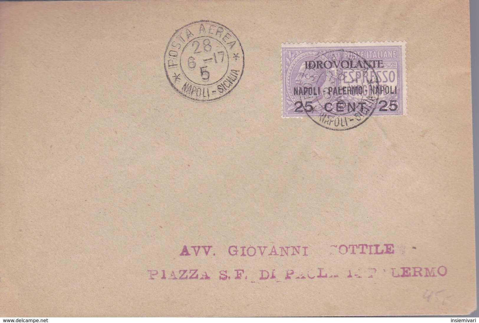 E+Regno D’Italia – Aerea – 1917 ( 27 Giugno) 25c. Su 40c. Violetto Busta. - Marcophilie (Avions)