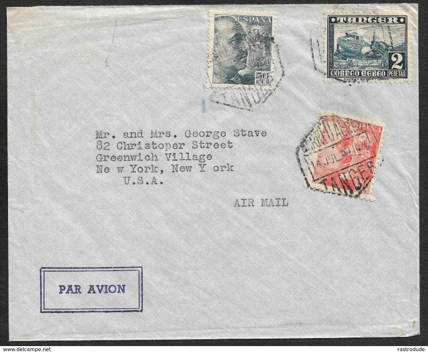 1950 - ESPAÑA / TANGER (Marruecos) - Franqueo Mixto - Correo Aereo A EE.UU - Spain P.O Tangier Mixed Franking To U.S - Storia Postale