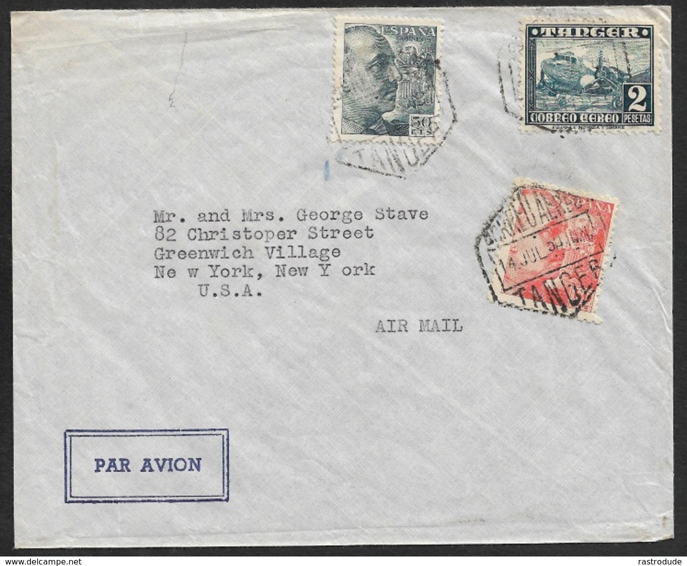 1950 - ESPAÑA / TANGER (Marruecos) - Franqueo Mixto - Correo Aereo A EE.UU - Spain P.O Tangier Mixed Franking To U.S - Brieven En Documenten