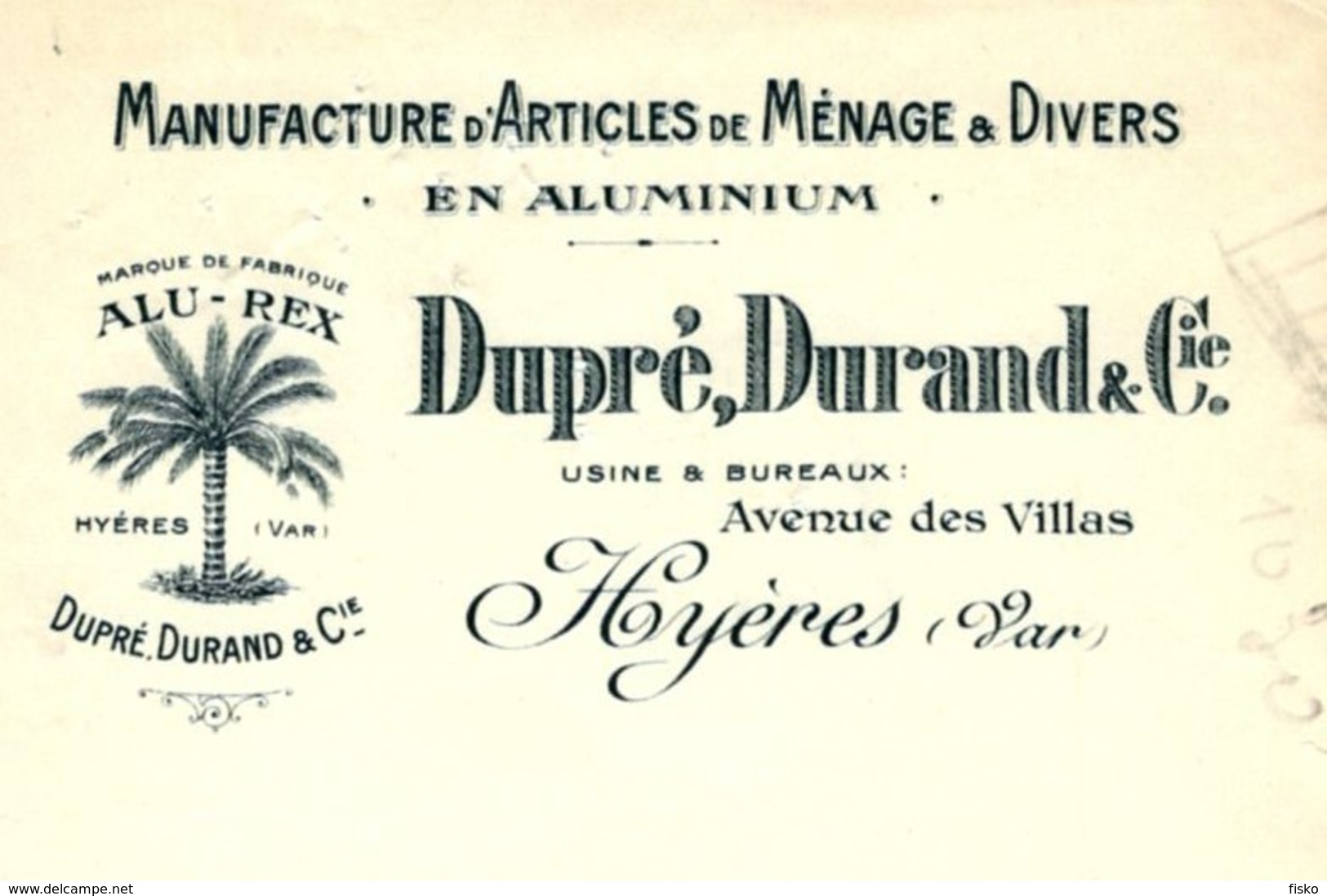 DUPRE-DURAND  Manufacture Articles De Ménage "Alu-Rex"   HYERES - Letras De Cambio