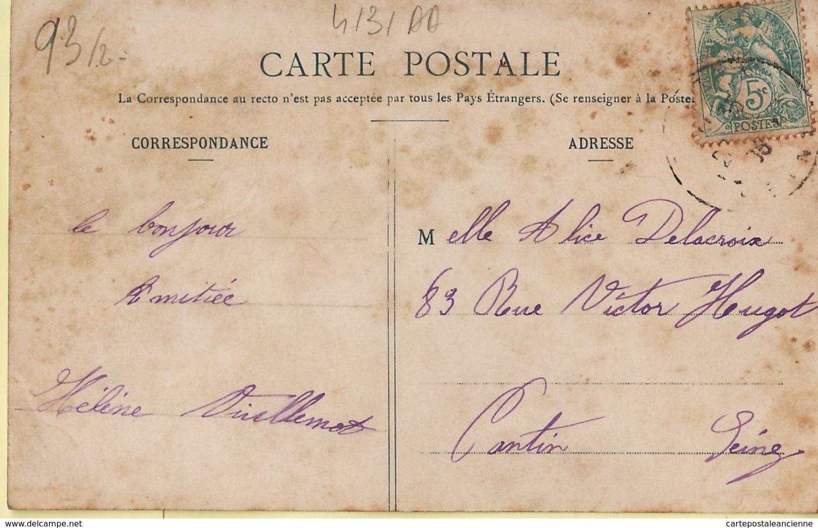 X93010 PANTIN Canal De L' OURCQ Cycliste Allée Bord Canal 1905s à Alice DELACROIX 83 Rue Victor Hugo Pantin -G.I. 1421 - Pantin